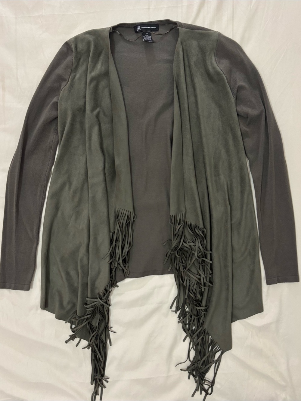 INC International Concepts Olive Green Open-Front Fringe Cardigan